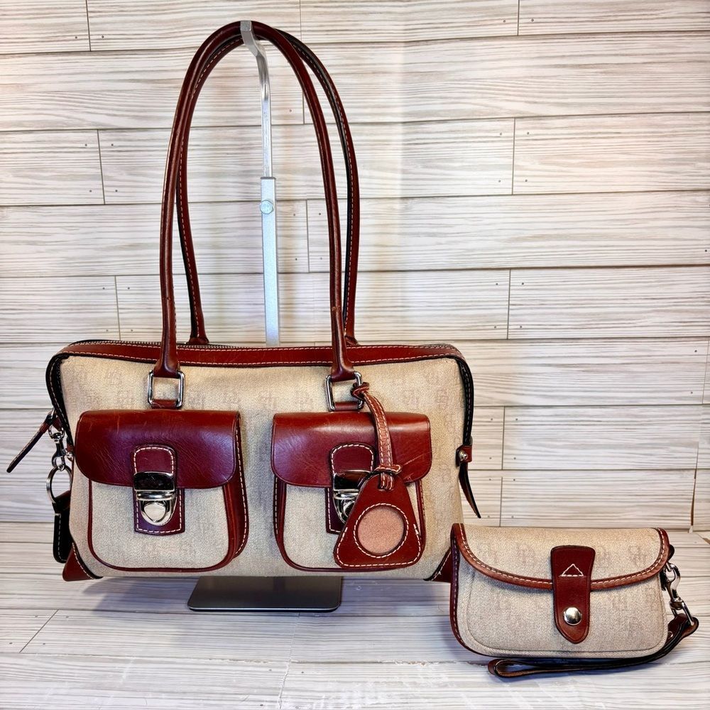 049-Dooney & Bourke K6331500 Canvas w/leather trim Signature Satchel & Pouch Set